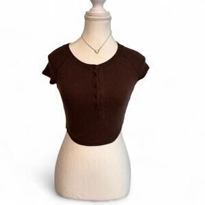 Garage Casual Chocolate Brown Button Up Flattering Henley Cropped Top Size XS